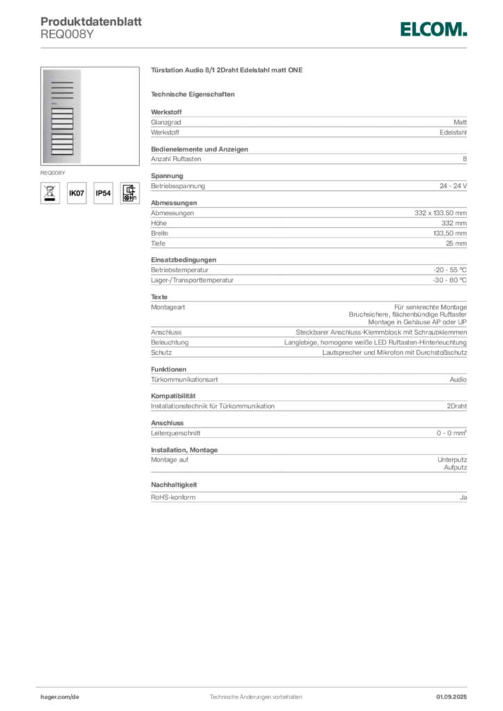 Bild Elcom Produktdatenblatt REQ008Y | Hager Deutschland
