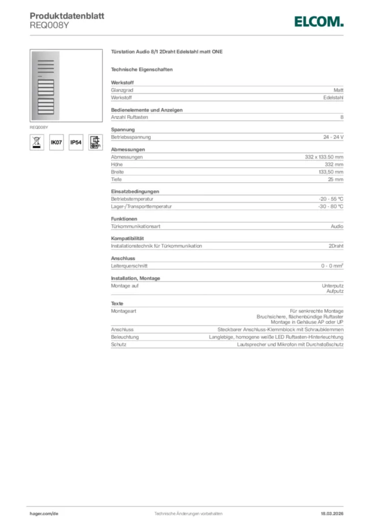 Bild Elcom Produktdatenblatt REQ008Y | Hager Deutschland