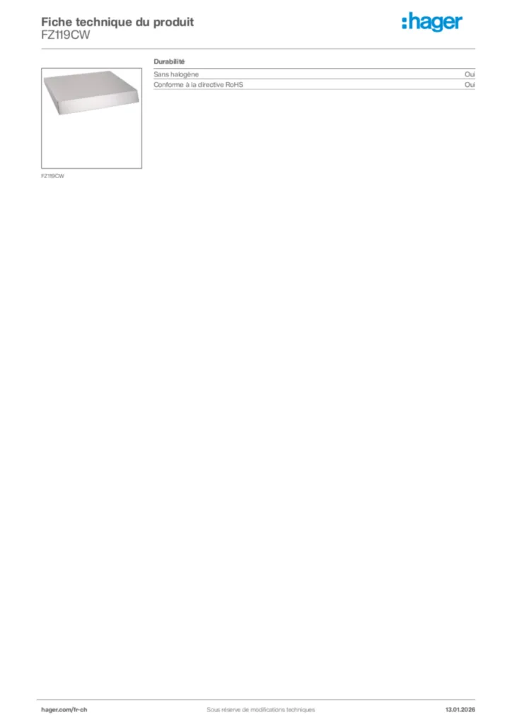 Image Hager Fiche technique du produit FZ119CW | Hager Suisse