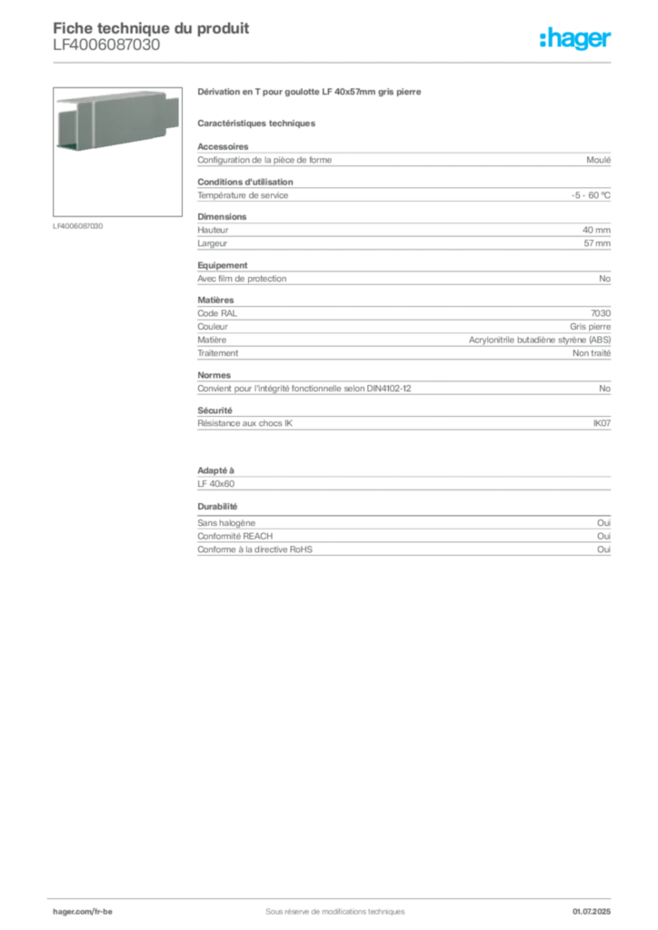 Image Hager Fiche technique du produit LF4006087030 | Hager Belgique