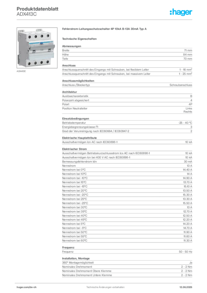 Bild Hager Produktdatenblatt ADX413C | Hager Schweiz