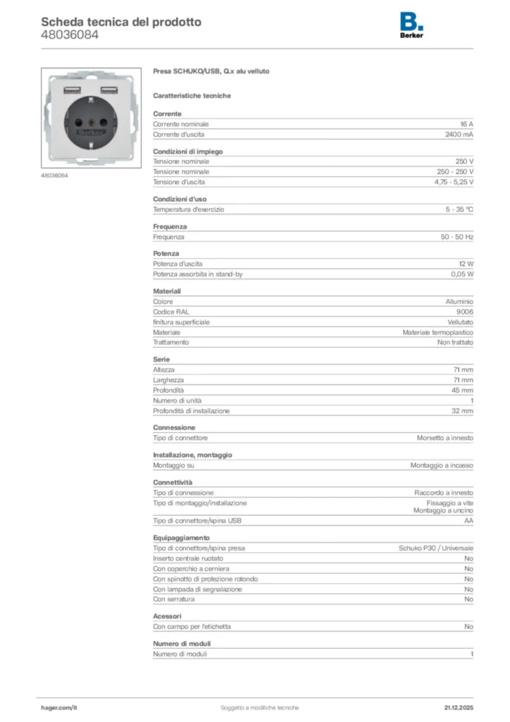 Immagine Berker Scheda tecnica del prodotto 48036084 | Hager Italia