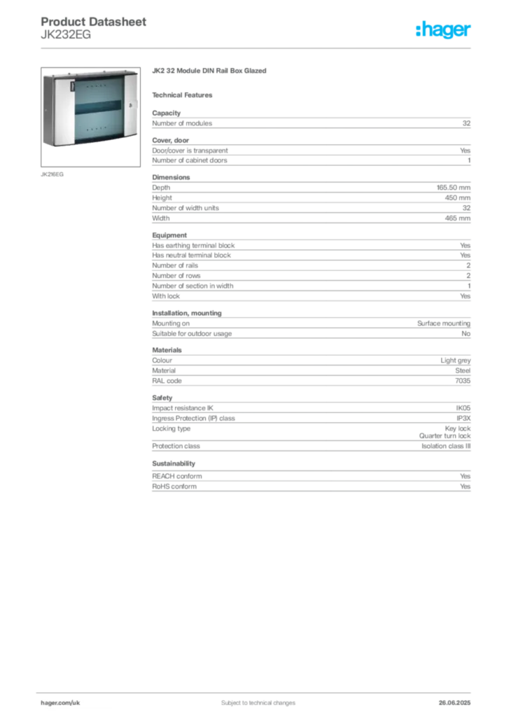 Image Hager Product data sheet JK232EG  | Hager