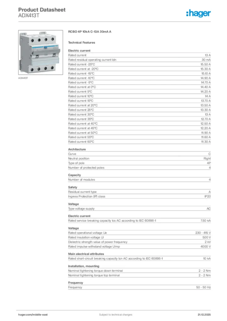 Image Hager Product data sheet ADX413T  | Hager