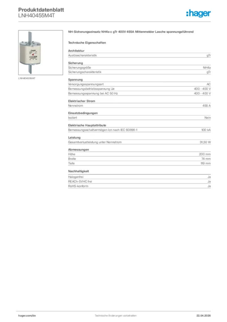 Bild Hager Produktdatenblatt LNH40455M4T | Hager Deutschland