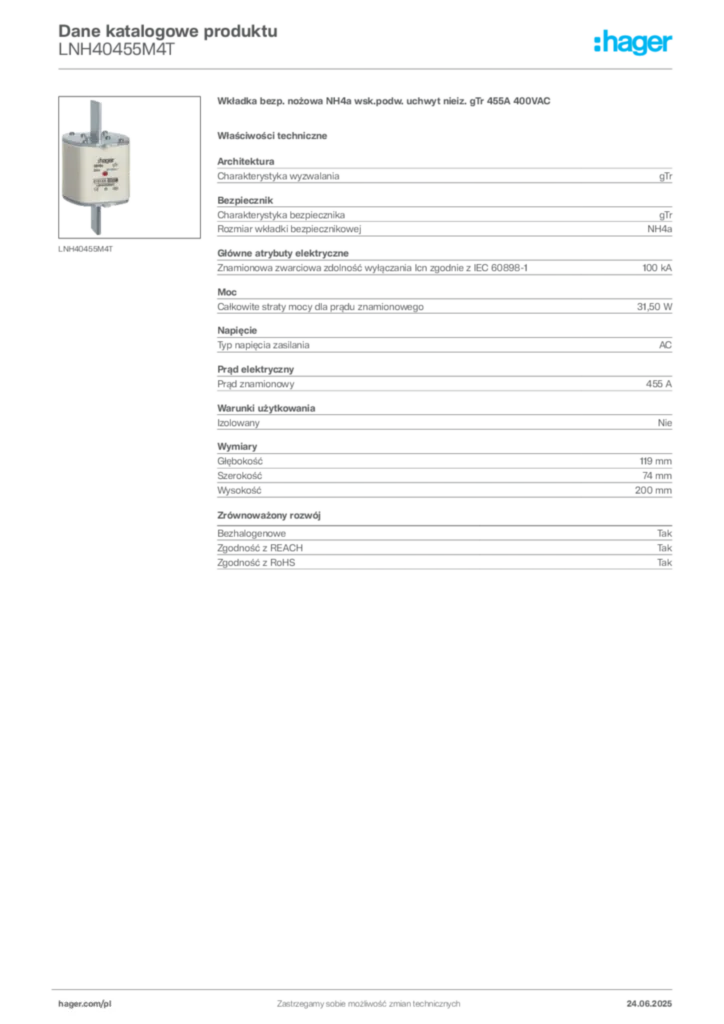 Zdjęcie Hager Dane katalogowe produktu LNH40455M4T | Hager Polska