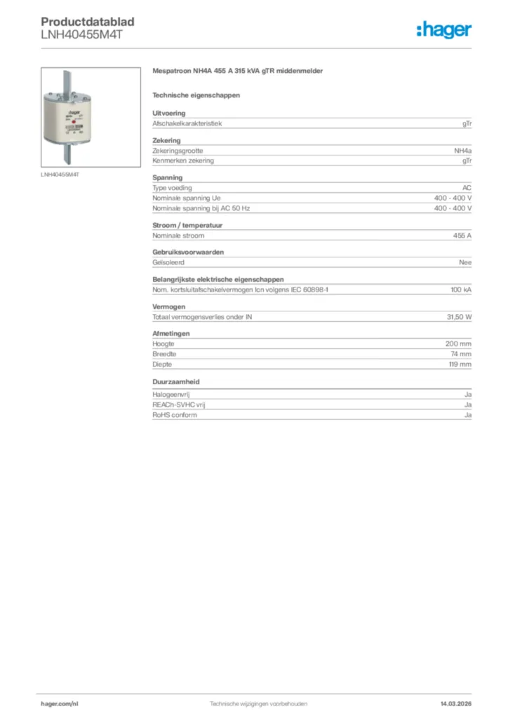 Afbeelding Hager Productdatablad LNH40455M4T | Hager Nederland