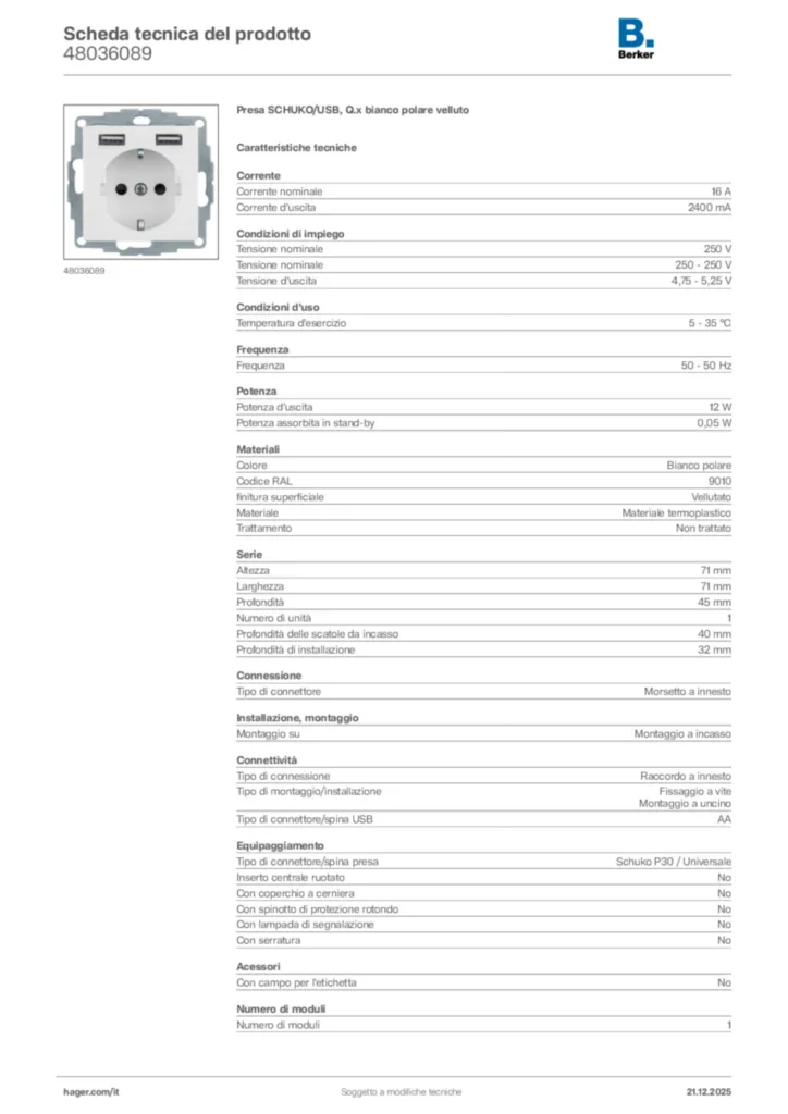 Immagine Berker Scheda tecnica del prodotto 48036089 | Hager Italia