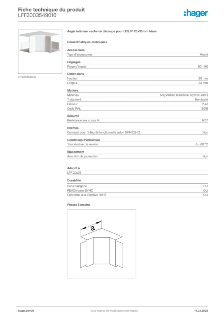 Image Hager Fiche technique du produit LFF2003549016 | Hager France