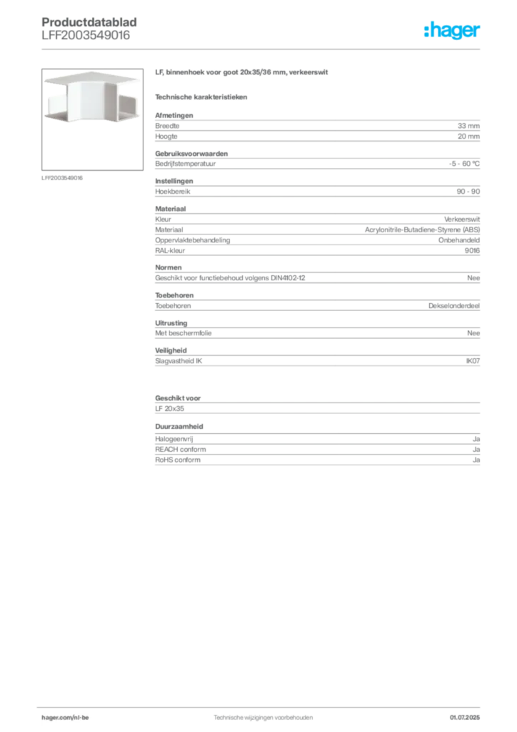 Afbeelding Hager Productdatablad LFF2003549016 | Hager Belgium