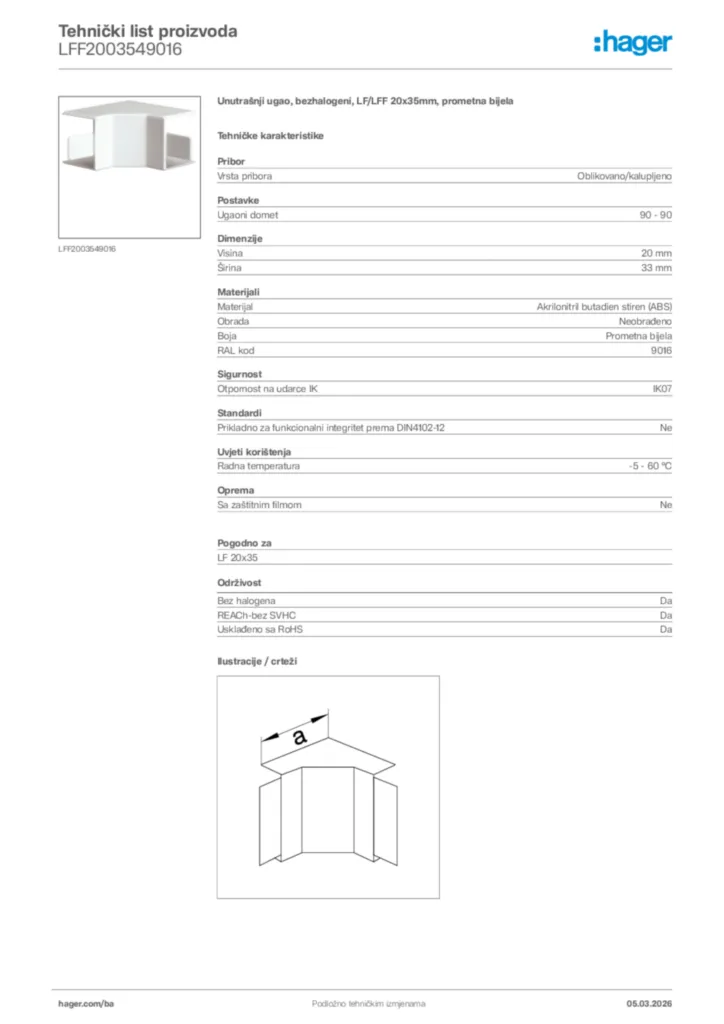 Slika Hager Tehnički list proizvoda LFF2003549016  | Hager