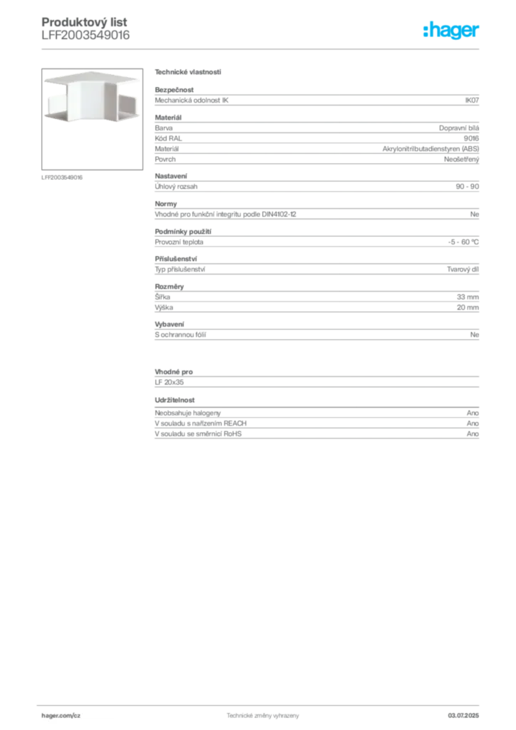 Obrázek Hager Produktový list LFF2003549016 | Hager