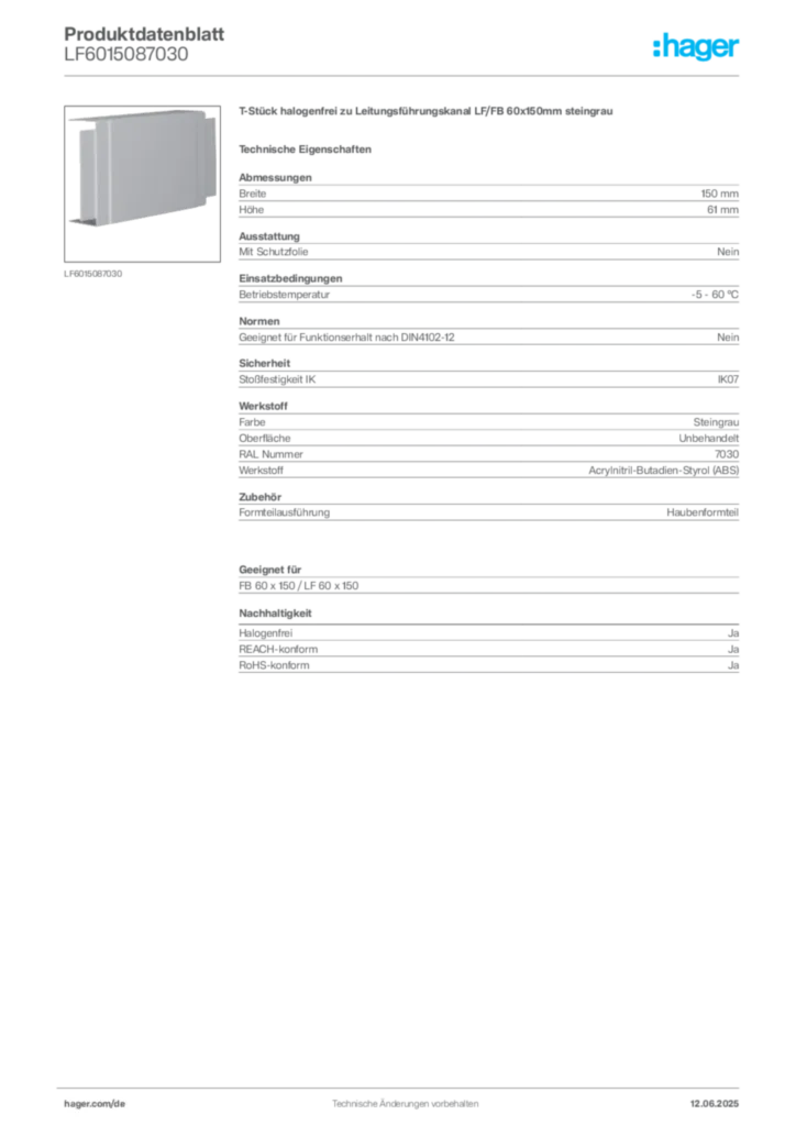 Bild Hager Produktdatenblatt LF6015087030 | Hager Deutschland