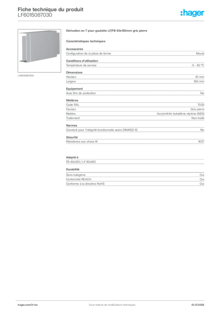 Image Hager Fiche technique du produit LF6015087030 | Hager Belgique