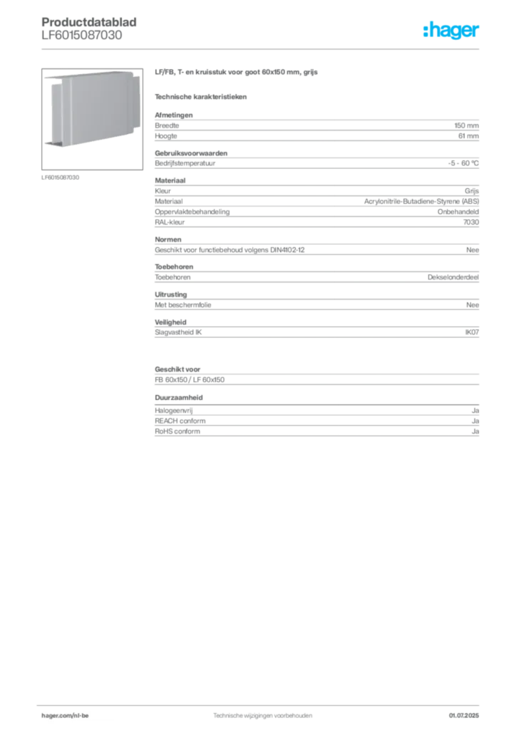 Afbeelding Hager Productdatablad LF6015087030 | Hager Belgium