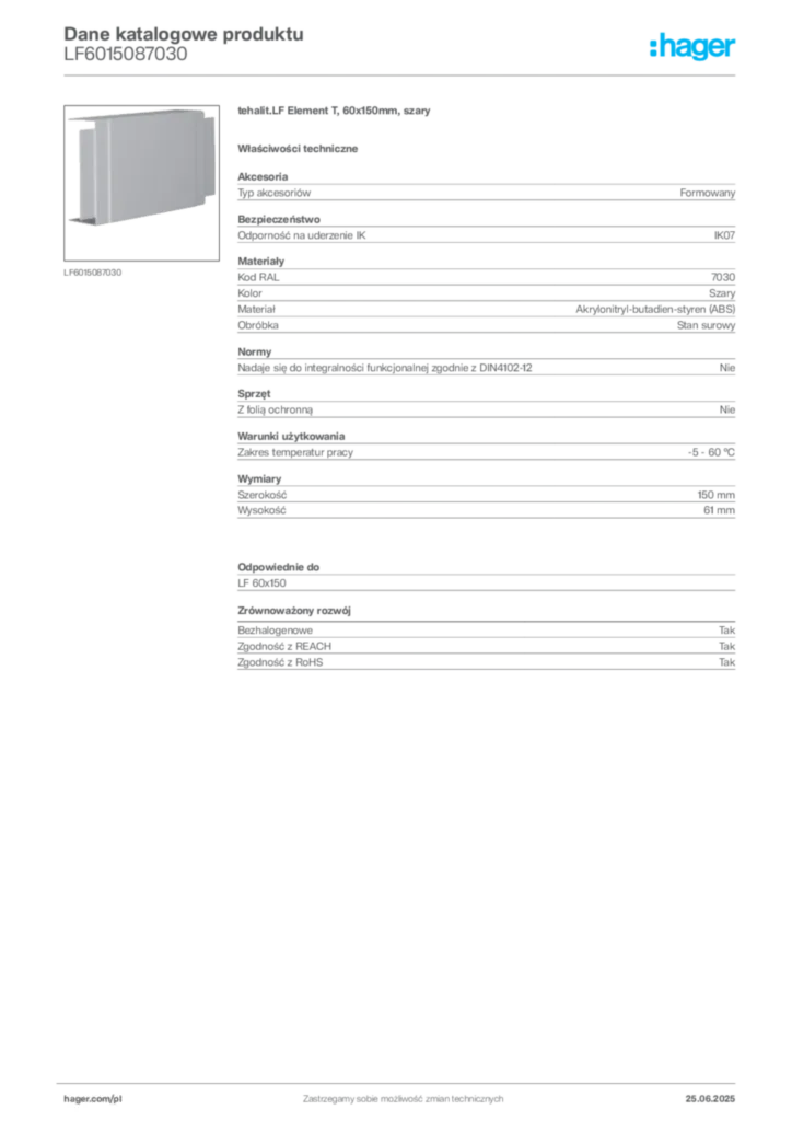 Zdjęcie Hager Dane katalogowe produktu LF6015087030 | Hager Polska