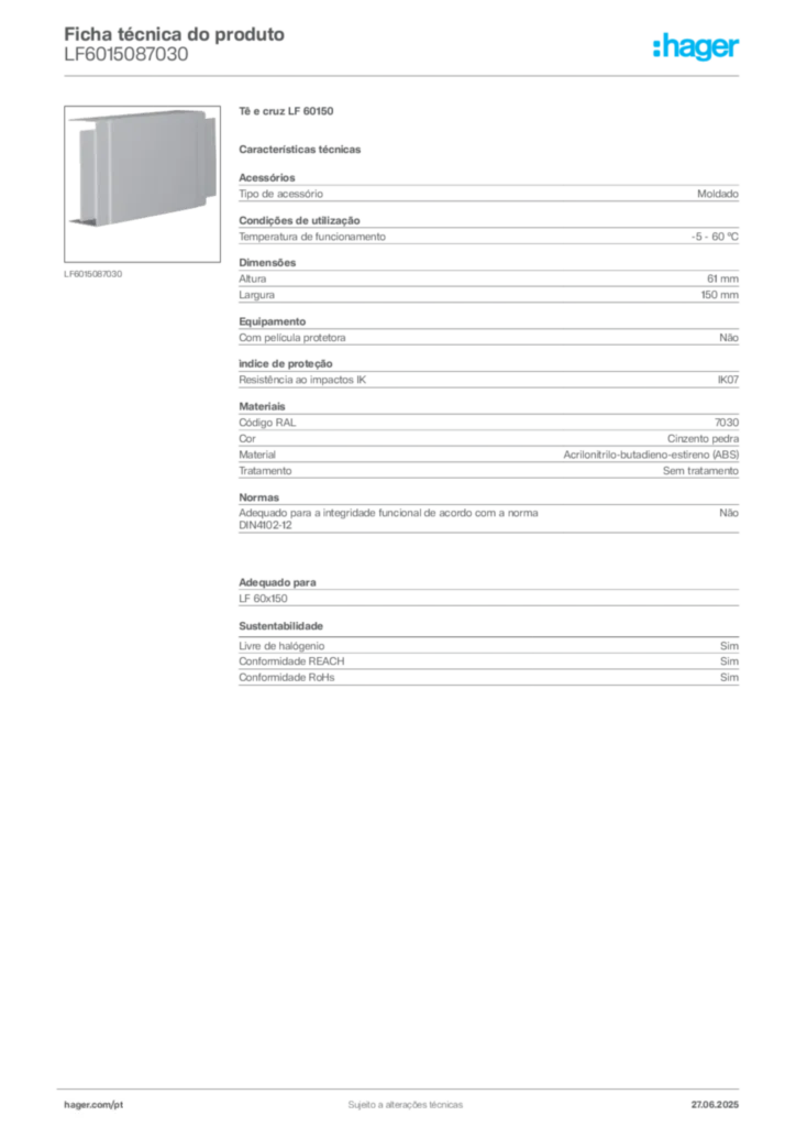 Imagem Hager Ficha técnica do produto LF6015087030 | Hager Portugal
