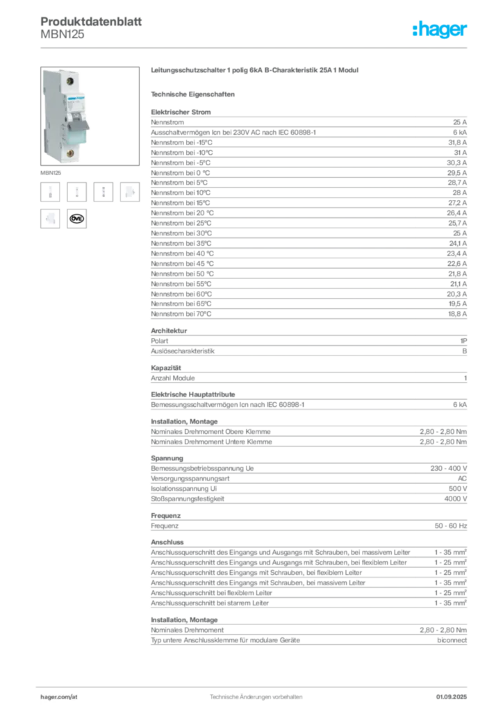 Bild Hager Produktdatenblatt MBN125 | Hager Deutschland