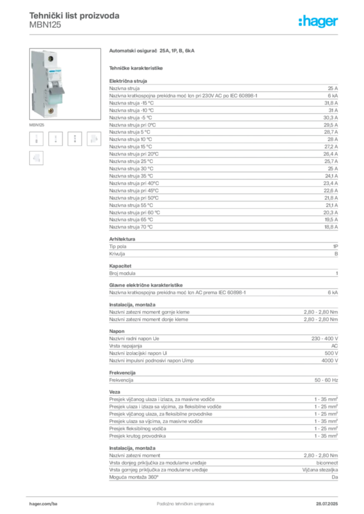 Slika Hager Product data sheet MBN125  | Hager
