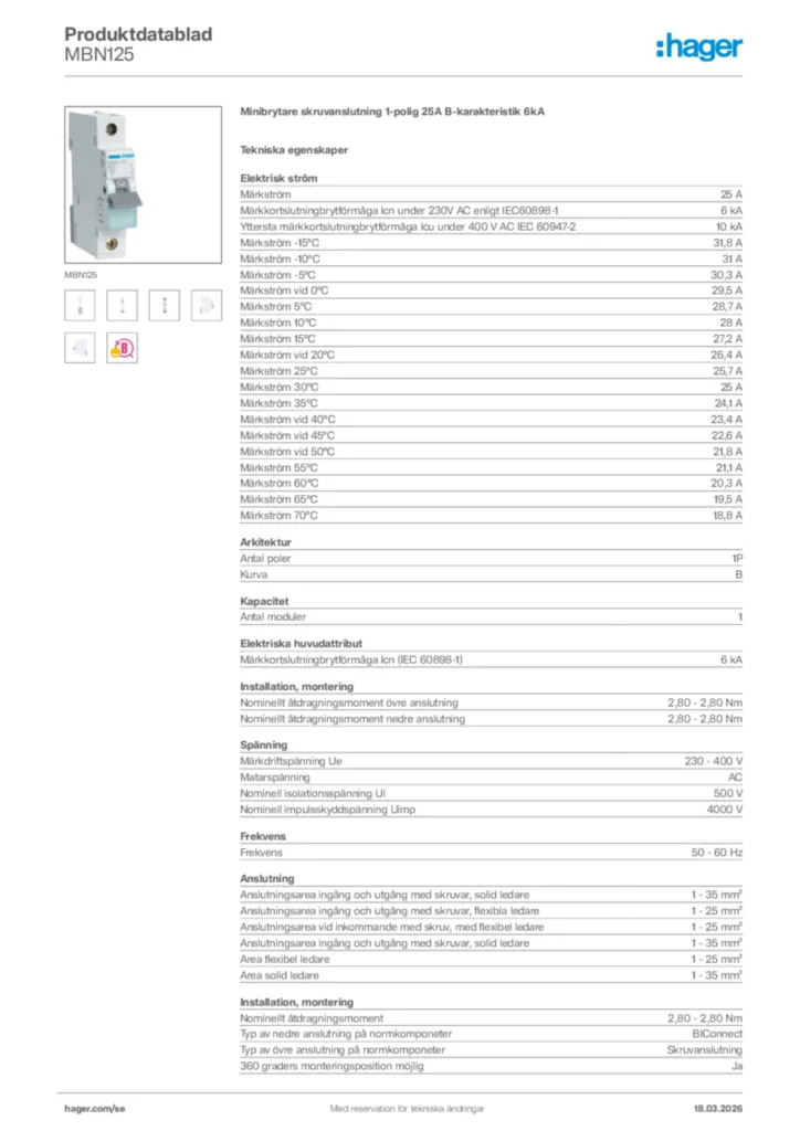 Bild Hager Produktdatablad MBN125 | Hager Sverige