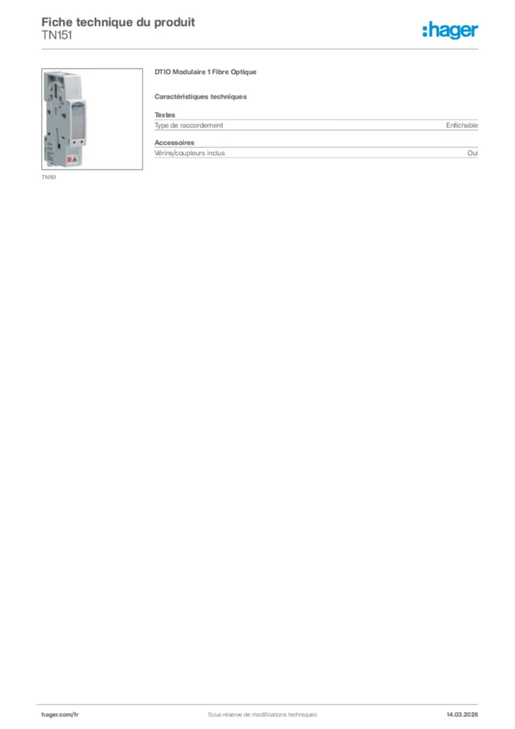 Image Hager Fiche technique du produit TN151 | Hager France