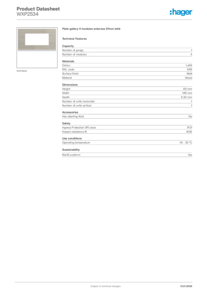 Image Hager Product data sheet WXP2534  | Hager Africa