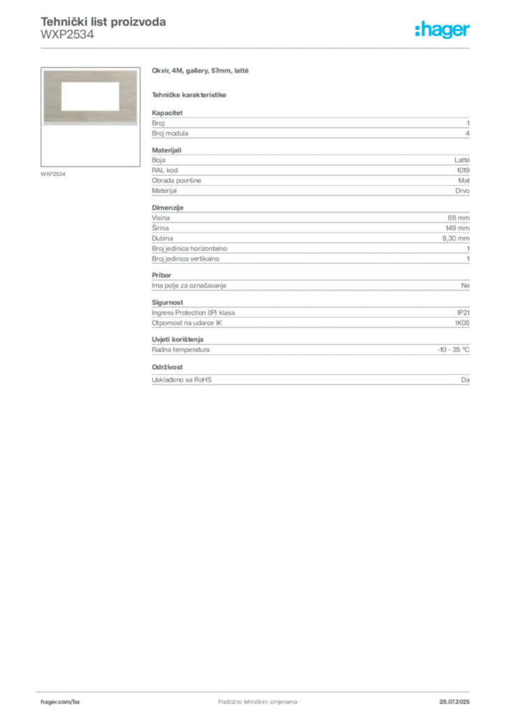 Slika Hager Product data sheet WXP2534  | Hager