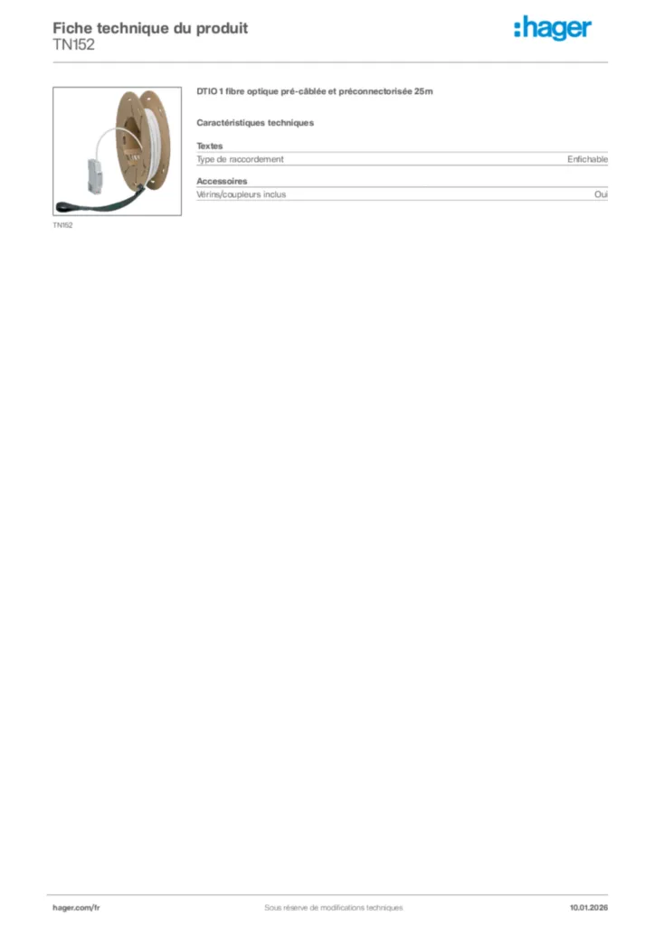 Image Hager Fiche technique du produit TN152 | Hager France