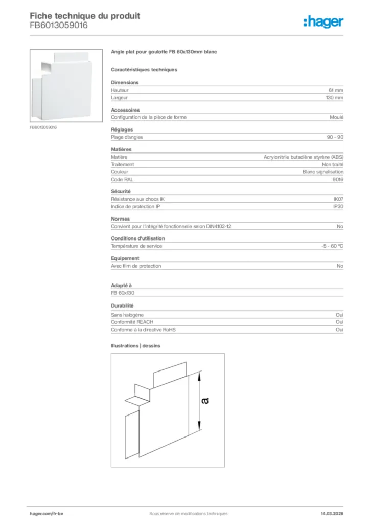 Image Hager Fiche technique du produit FB6013059016 | Hager Belgique