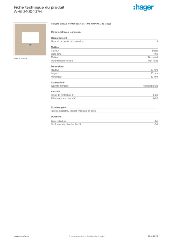 Image Hager Fiche technique du produit WH50400407H | Hager Suisse