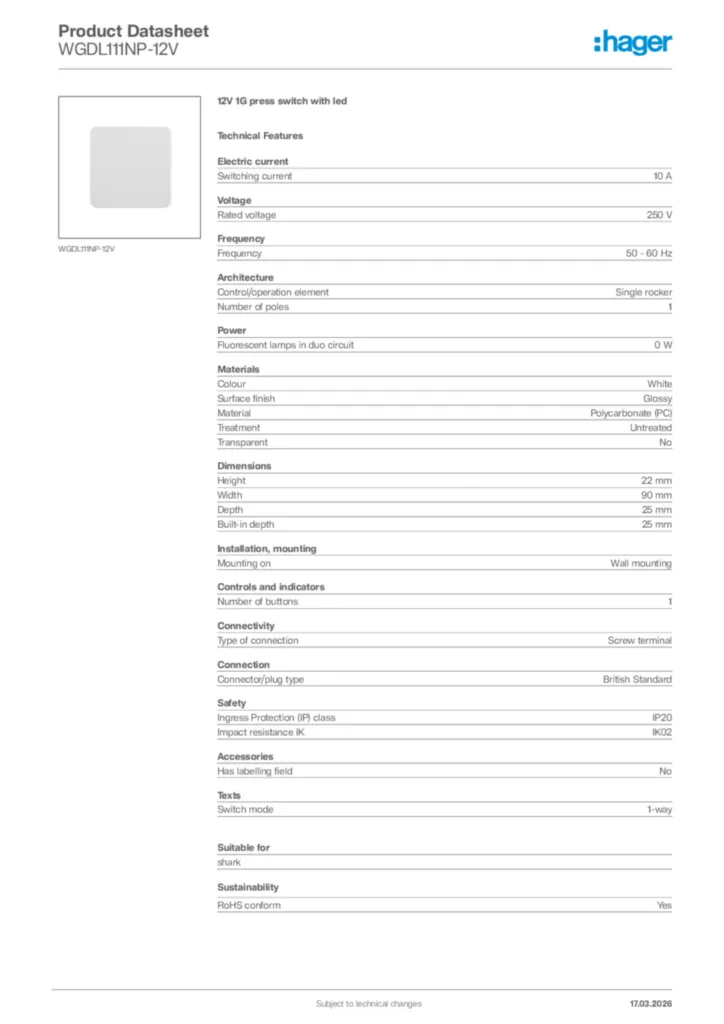 Image Hager Product data sheet WGDL111NP-12V  | Hager Africa