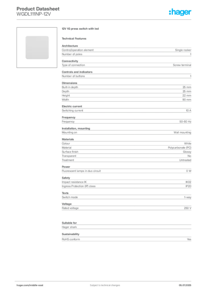 Image Hager Product data sheet WGDL111NP-12V  | Hager
