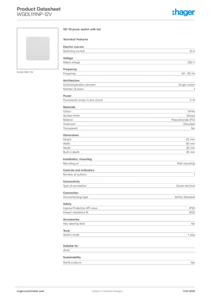 Image Hager Product data sheet WGDL111NP-12V  | Hager