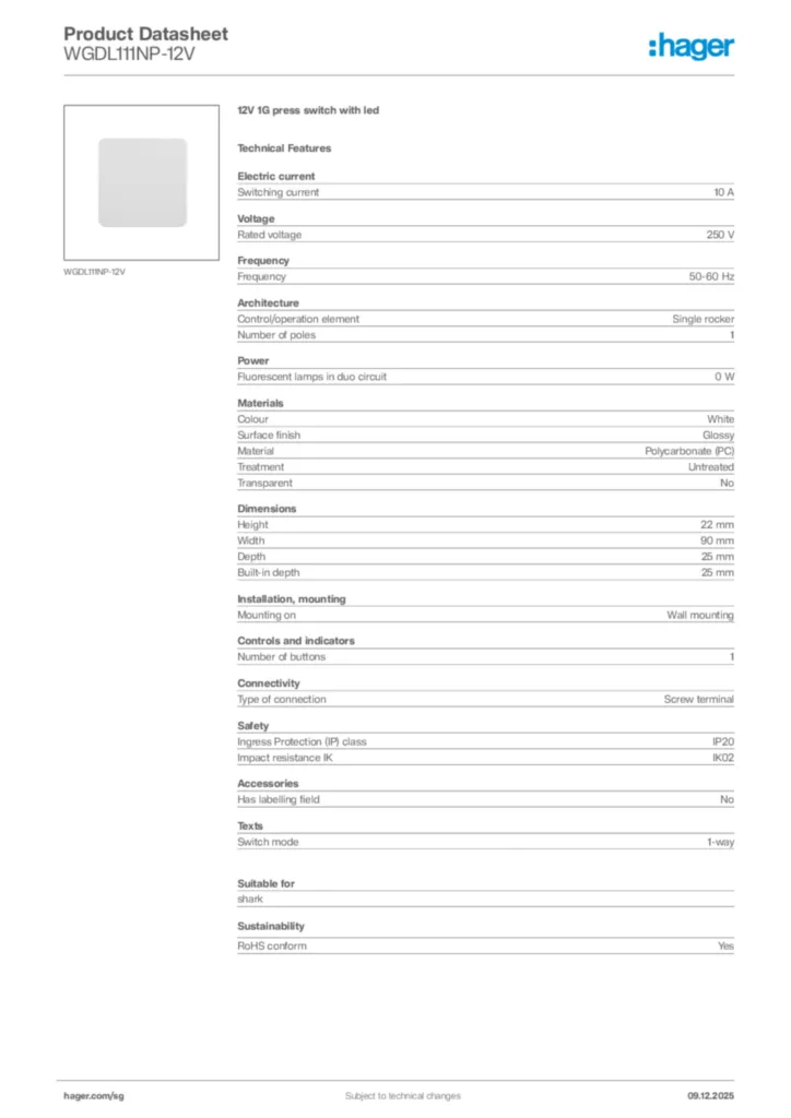 Image Hager Product data sheet WGDL111NP-12V  | Hager