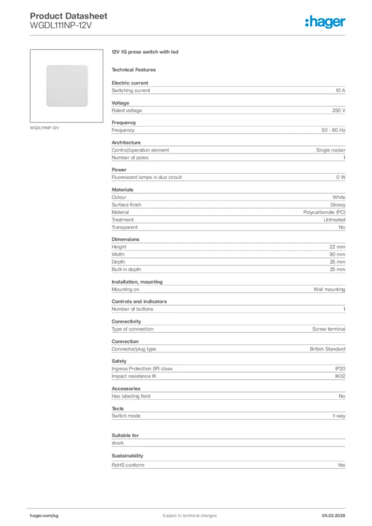 Image Hager Product data sheet WGDL111NP-12V  | Hager