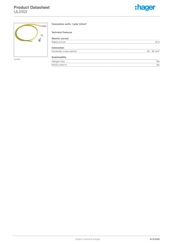 Image Hager Product data sheet UL01G1  | Hager Africa