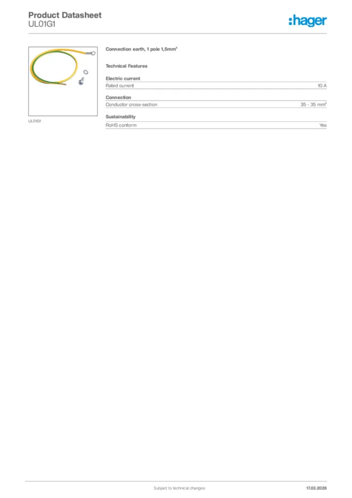 Image Hager Product data sheet UL01G1  | Hager Africa
