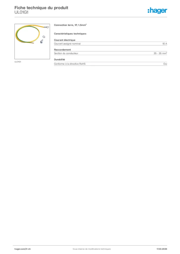 Image Hager Fiche technique du produit UL01G1 | Hager Suisse