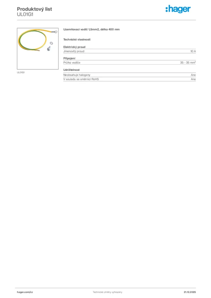 Obrázek Hager Produktový list UL01G1 | Hager