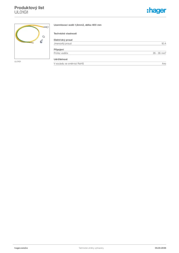 Obrázek Hager Product data sheet UL01G1 | Hager