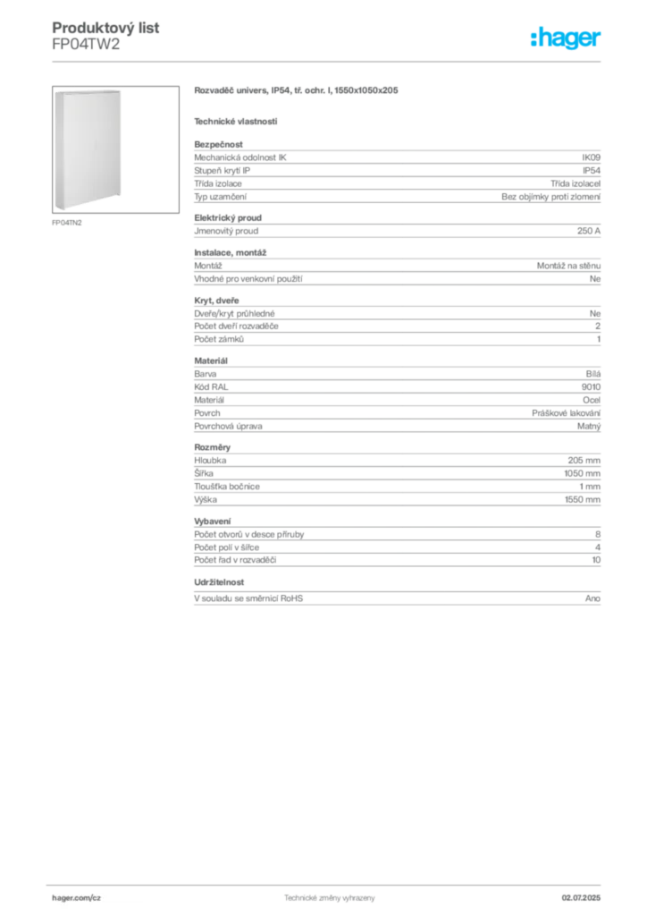 Obrázek Hager Produktový list FP04TW2 | Hager