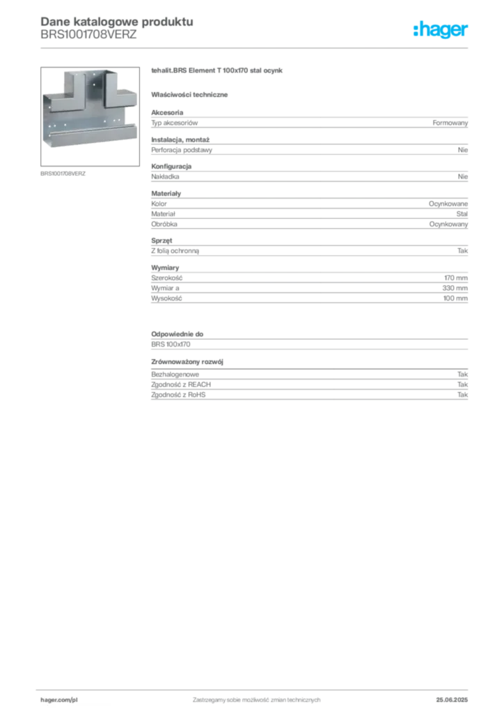 Zdjęcie Hager Dane katalogowe produktu BRS1001708VERZ | Hager Polska