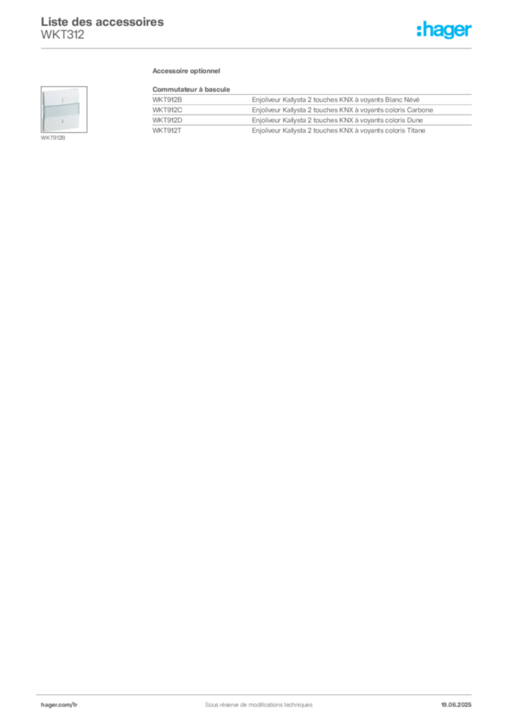 Image Hager Fiche technique du produit WKT312 | Hager France