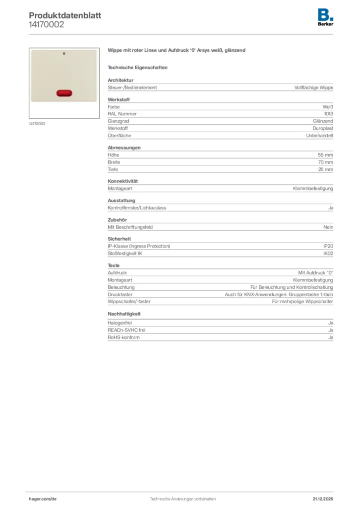 Bild Berker Produktdatenblatt 14170002 | Hager Deutschland