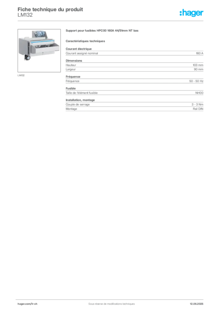 Image Hager Fiche technique du produit LM132 | Hager Suisse