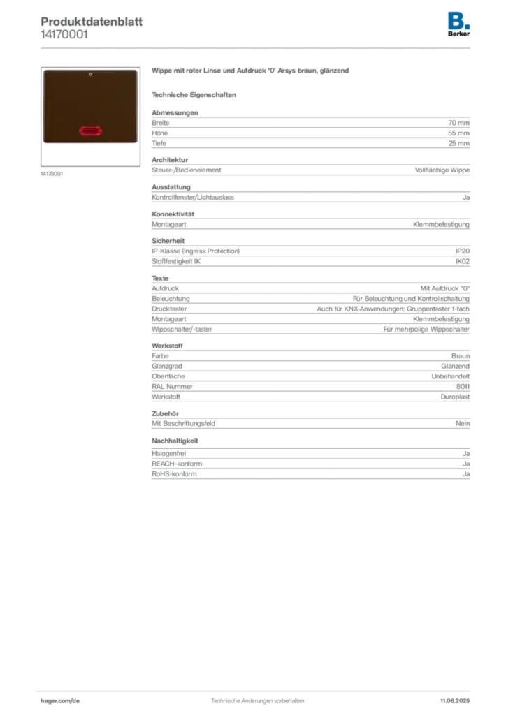 Bild Berker Produktdatenblatt 14170001 | Hager Deutschland