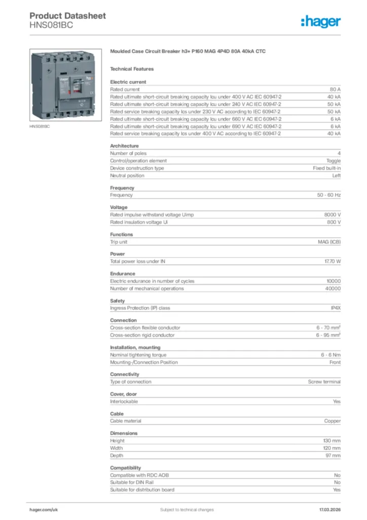 Image Hager Product data sheet HNS081BC  | Hager