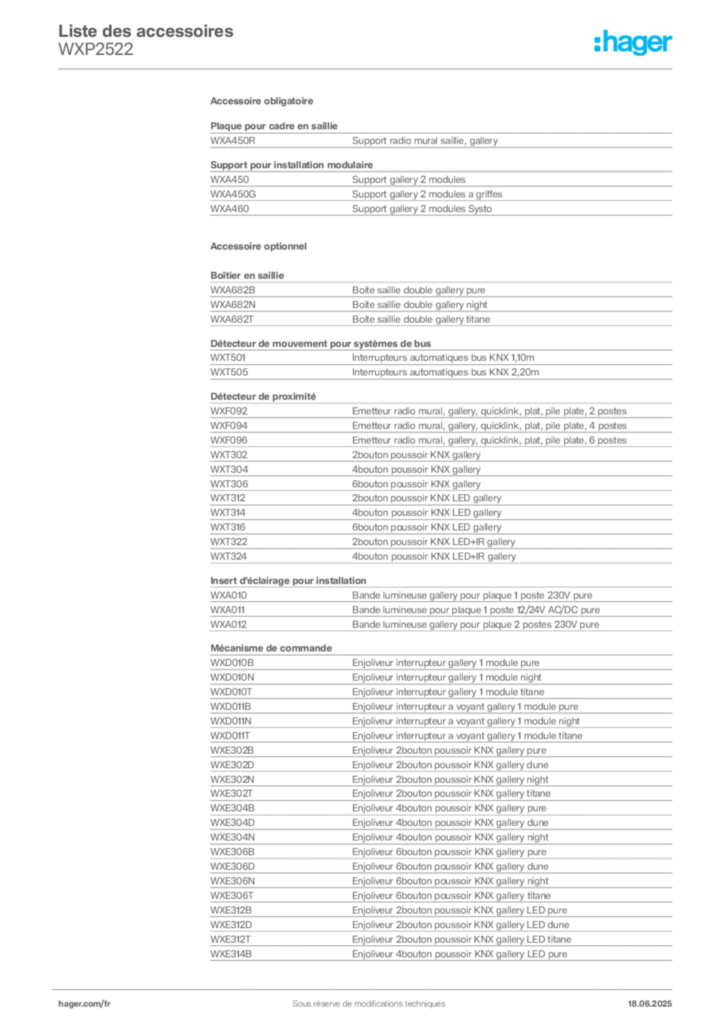 Image Hager Fiche technique du produit WXP2522 | Hager France