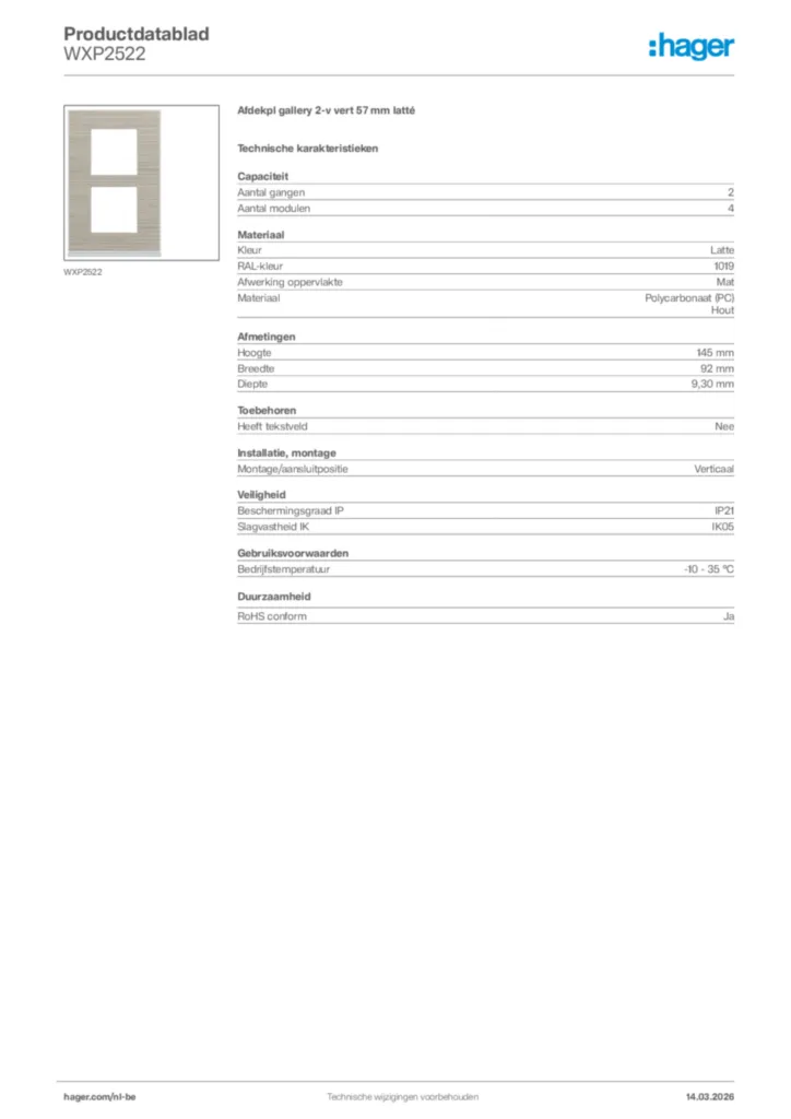 Afbeelding Hager Productdatablad WXP2522 | Hager Belgium
