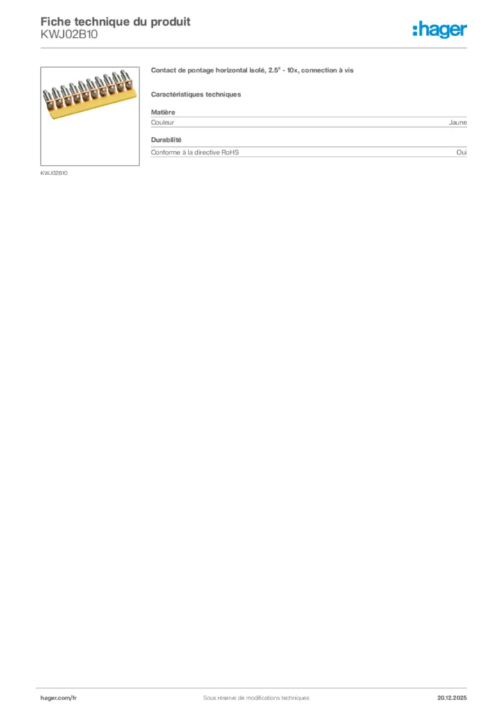 Image Hager Fiche technique du produit KWJ02B10 | Hager France